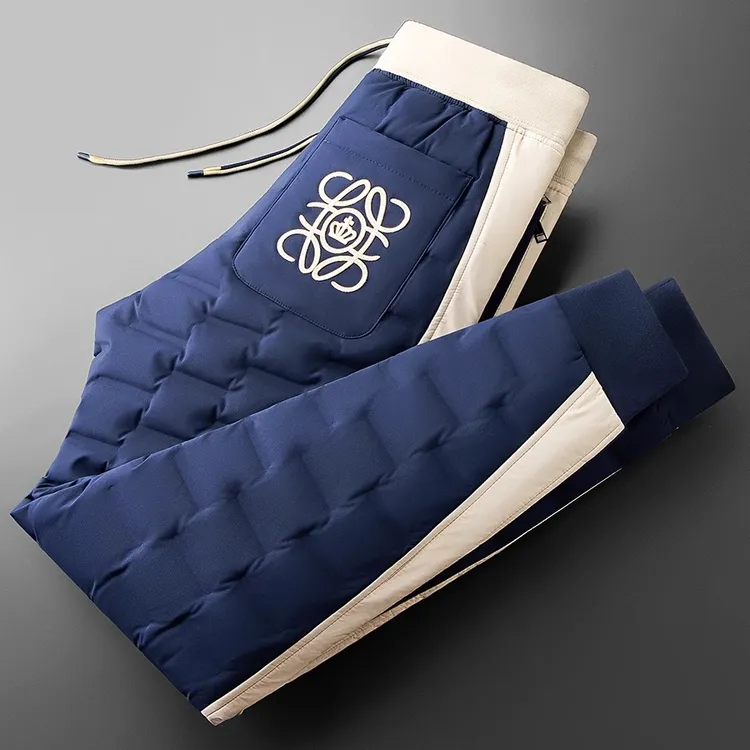 冬季时尚撞色拼接加厚保暖白鸭绒户外防水情侣男女小脚休闲羽绒裤