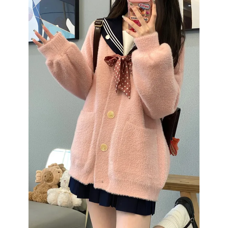 原创秋豆麻碟JK制服仿水貂绒毛衣外套女日系学院风秋冬针织开衫