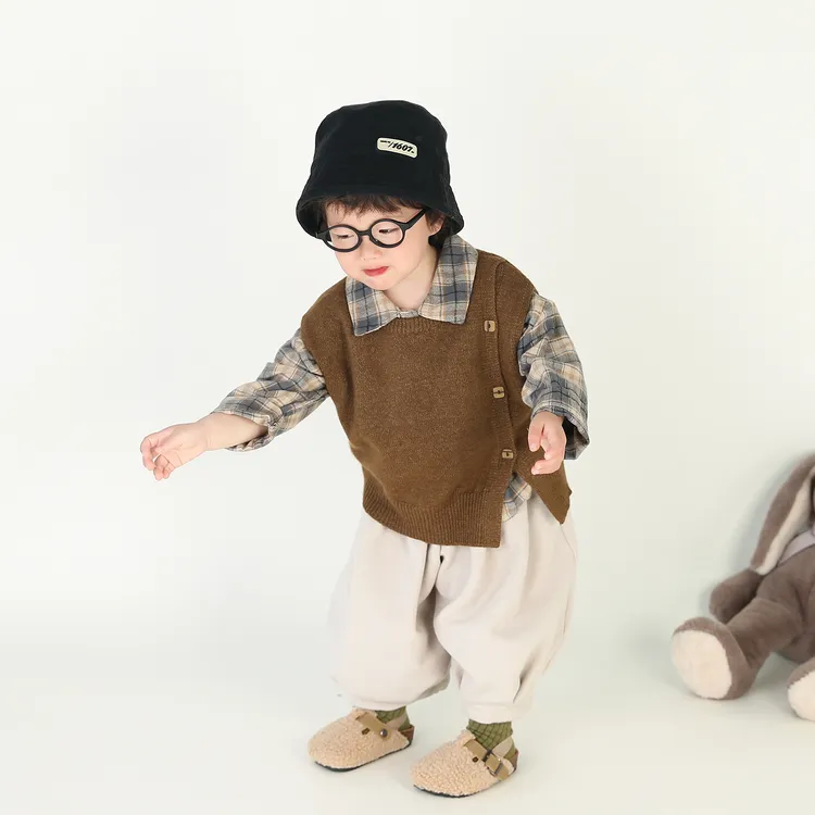 偏襟设计~男女宝宝毛衣马甲2025秋季新款韩版洋气坎肩套头针织衫