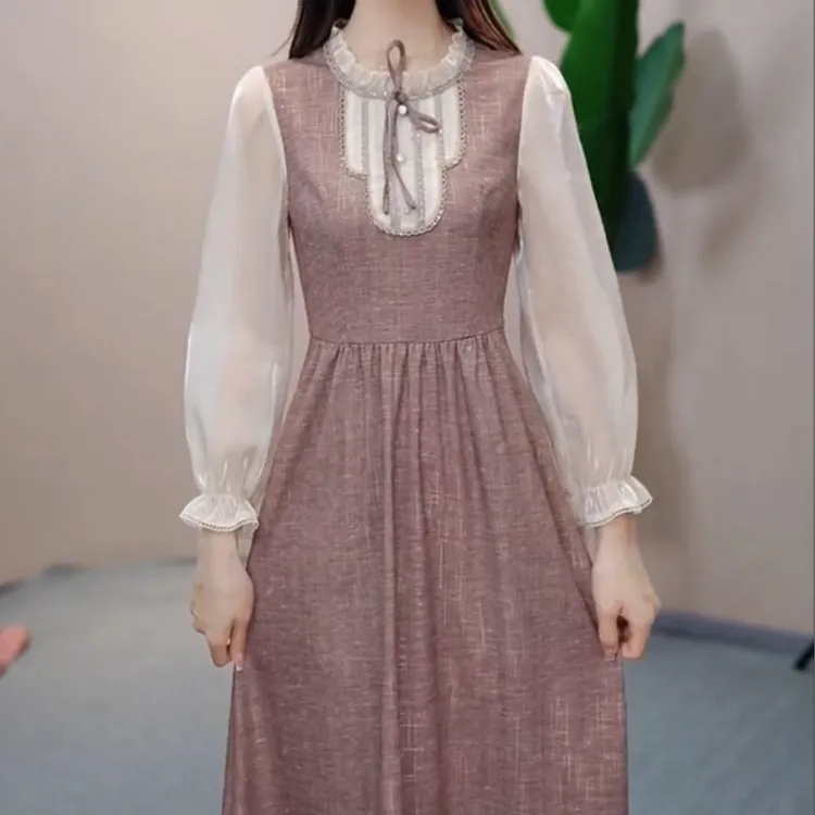 时尚法式长袖连衣裙女2024秋季新款气质小个子减龄收腰拼接A字裙