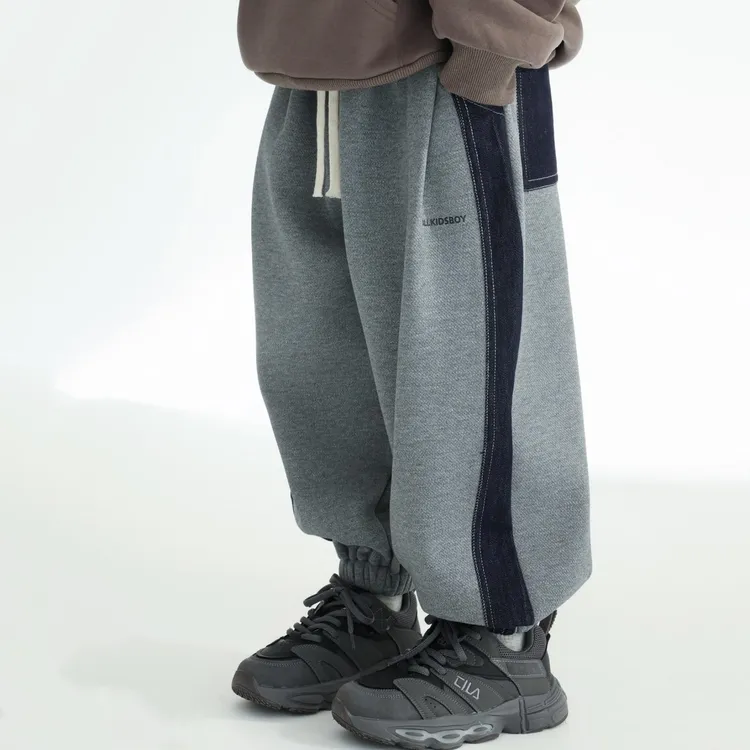 帅气高街潮酷男童侧拼牛仔加绒运动休闲卫裤中大童宽松一体绒长裤
