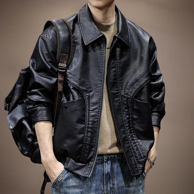 高端机车痞帅PU皮衣外套男士春秋新款潮牌宽松翻领休闲皮夹克男装