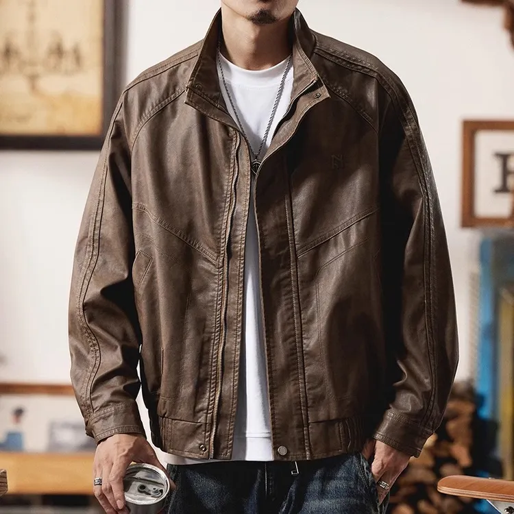 美式复古PU皮夹克男士秋冬大码宽松休闲立领机车硬汉皮衣外套帅气