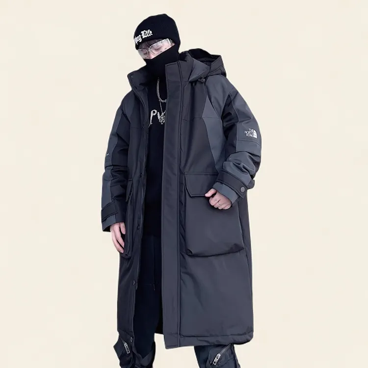 加大码300斤美式爆款中长款羽绒服男装冬季工装胖子拼接连帽外套