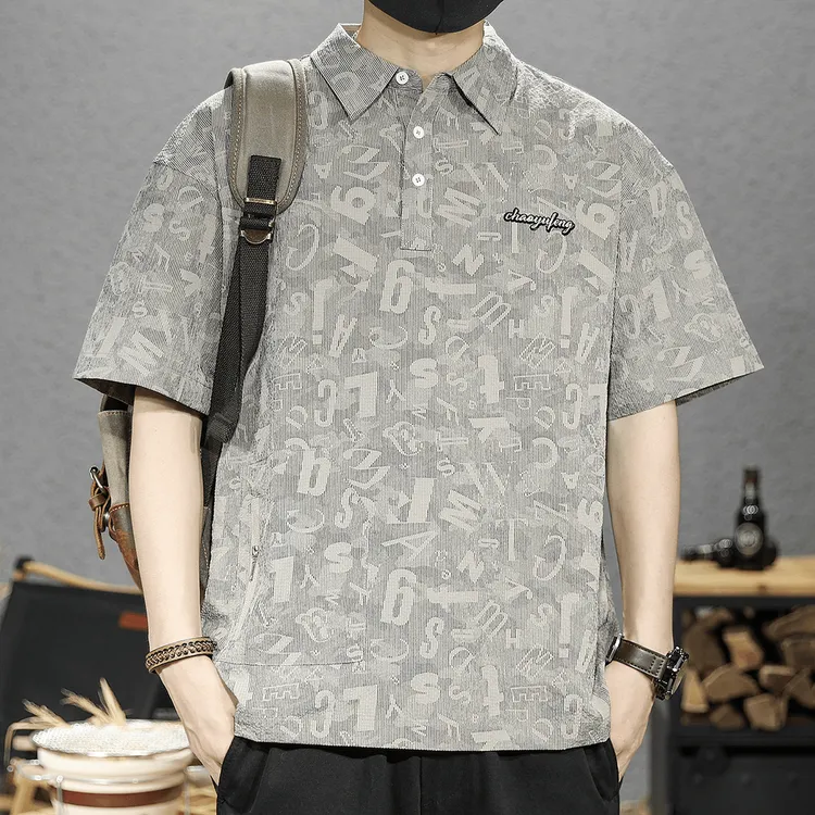 夏季重磅新款设计感满印花polo衫男美式复古工装翻领冰丝短袖T恤