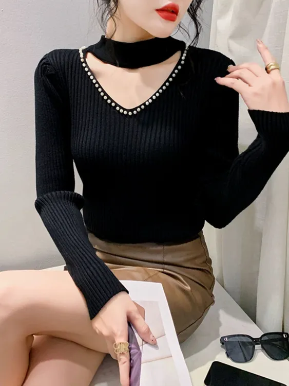 2025秋冬新款半高领毛衣复古风设计感百搭V领长袖针织衫上衣修身