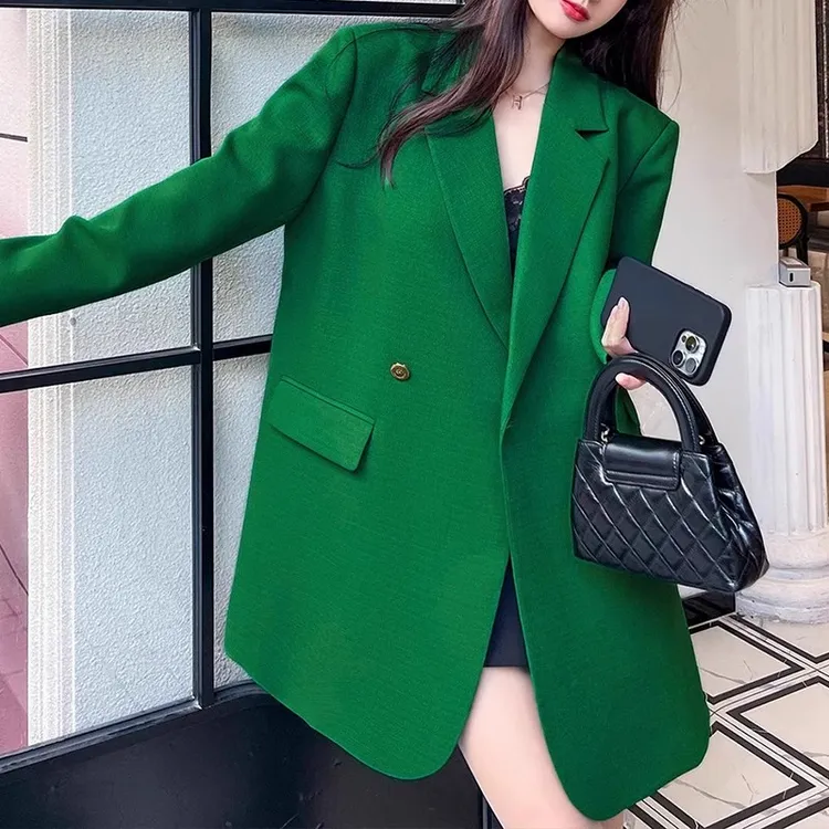 秋季新款大码绿色西装外套女胖mm韩版宽松时尚中长款西服紫色上衣