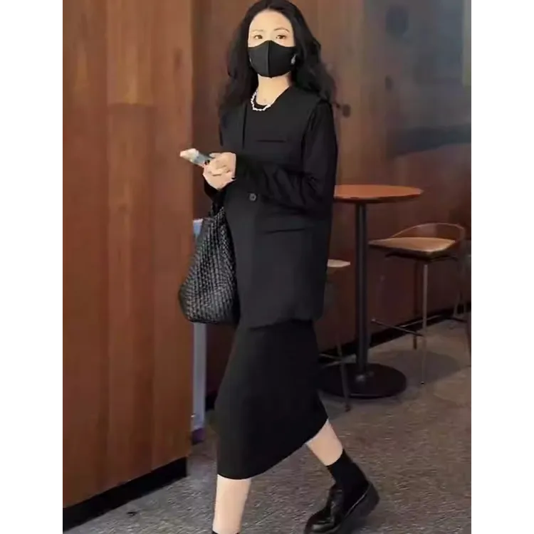 秋新款韩版大码时尚套装气质简约中长款宽松连衣裙高端马甲两件套