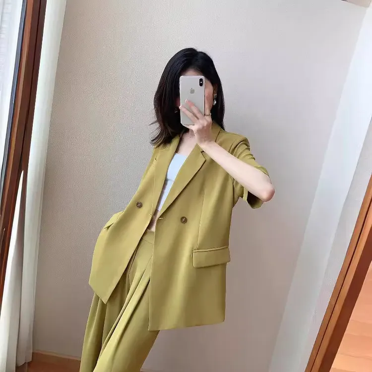 2025夏季新款大码女装微胖mm西服两件套短袖小西装阔腿裤薄款套装