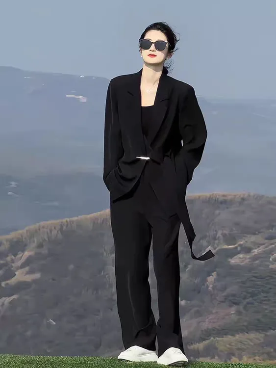 大码中长款西装阔腿裤套装女2025秋季新款微胖mm西服设计感两件套