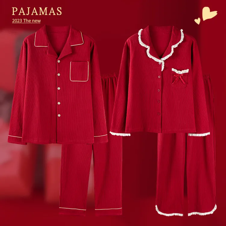 买一送一结婚情侣睡衣春秋款纯棉长袖新婚红色本命年男女士家居服