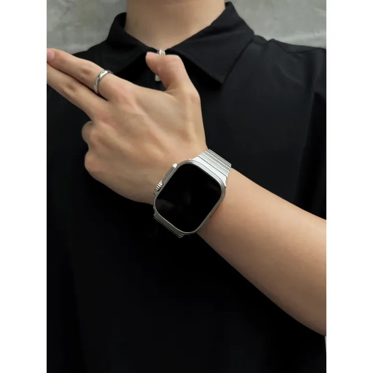 适用iwatchS10运动表带ultra金属竹节钢带s11手表789se不锈钢腕带