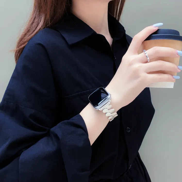 适用iwatchs9金属表带s8不锈钢腕带苹果手表s7se/Ultra波浪纹表带