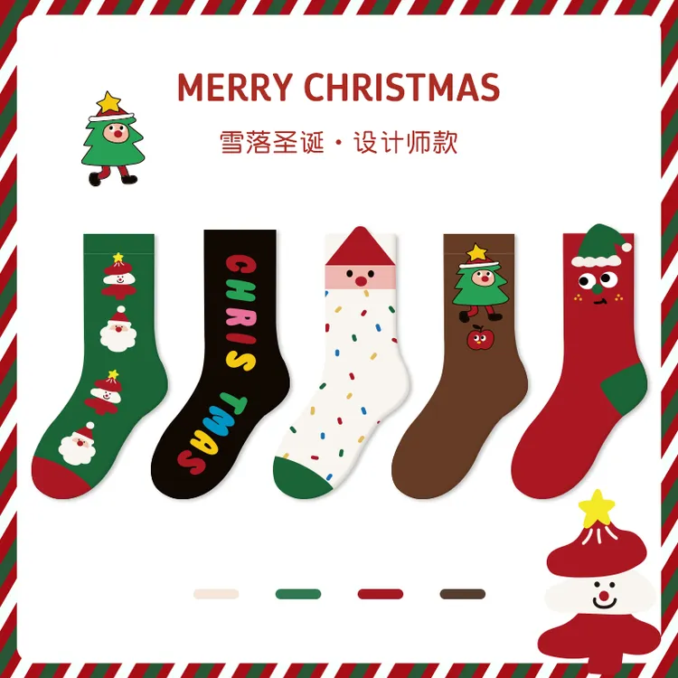 儿童圣诞袜子棉秋冬季男女童卡通中筒袜宝宝新年红色棉袜