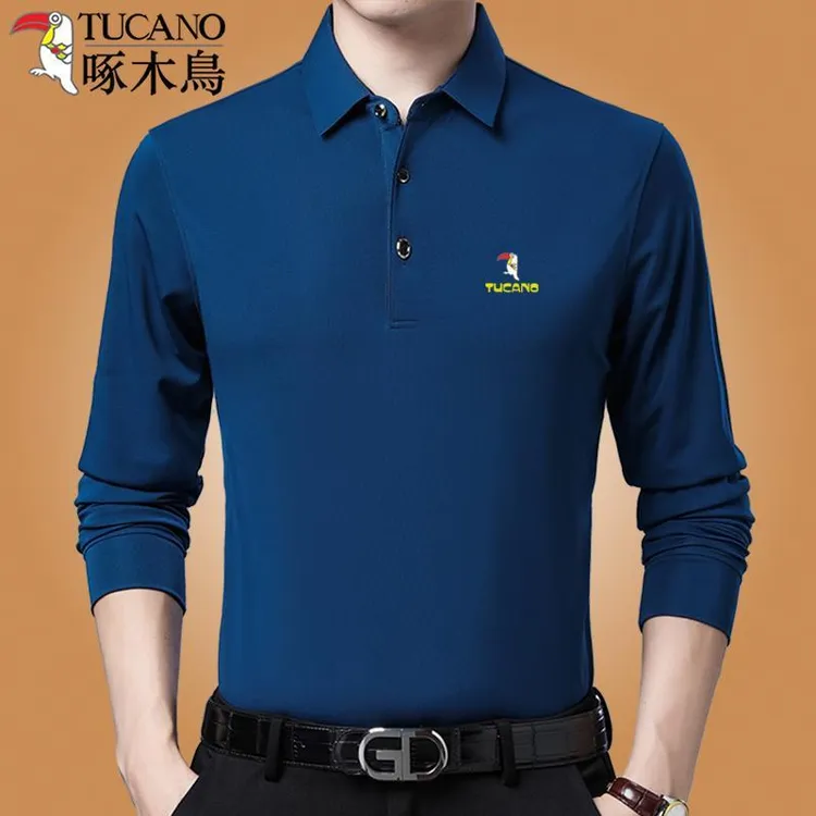 啄木鸟正品春秋季中老年男士长袖t恤休闲宽松polo衫爸爸装打底衫