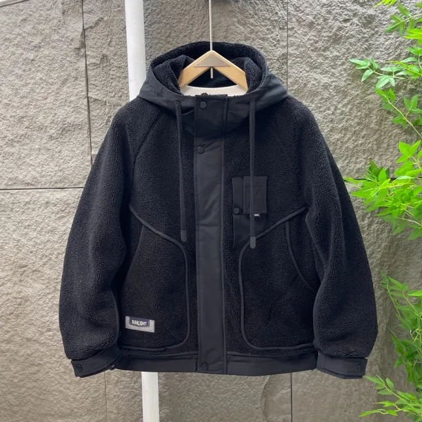 高级感颗粒绒外套男秋冬季潮连帽拼接棉服仿羊羔毛棉衣男加厚棉衣