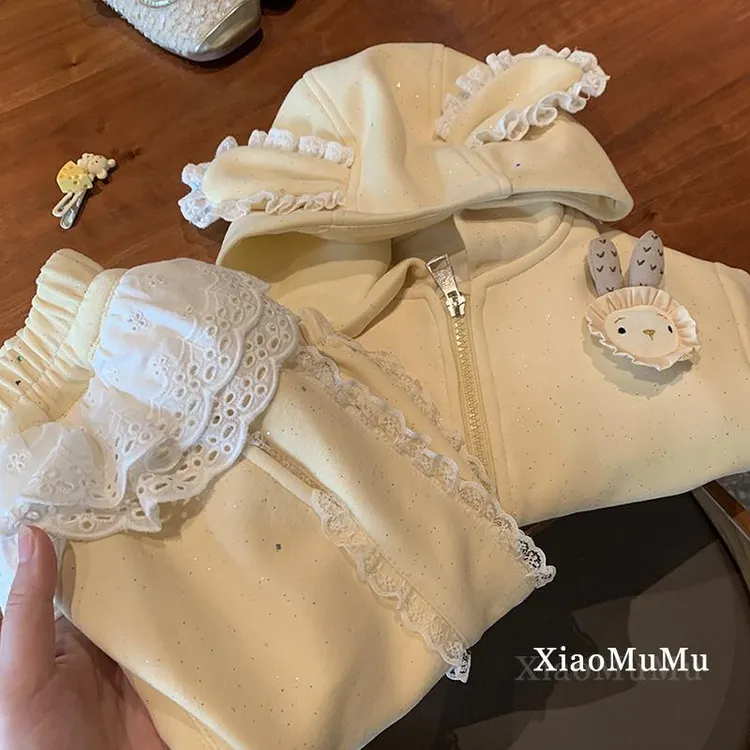 女童加绒加厚秋装2024新款套装小童女宝宝外套裤子两件套网红时髦
