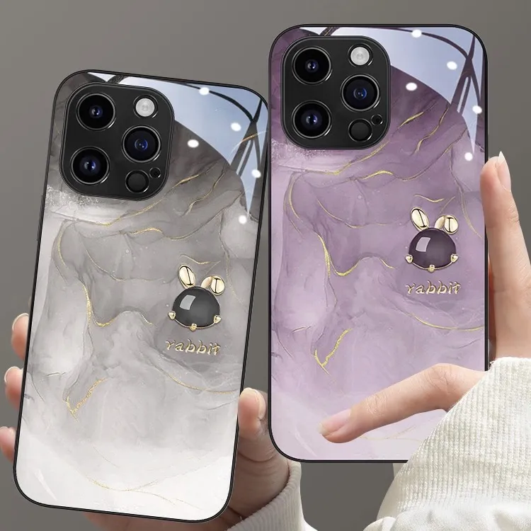 苹果/华为/vivo/oppo 水墨金箔兔手机壳时尚简约ins风情侣玻璃壳J