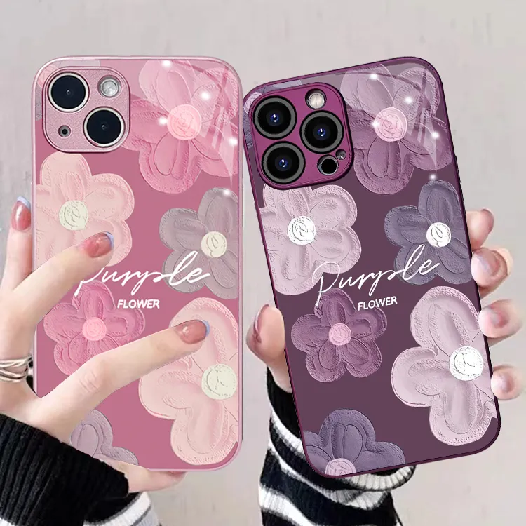 紫色英文花手机壳适用苹果16promax创意13全包防摔14网红15玻璃壳
