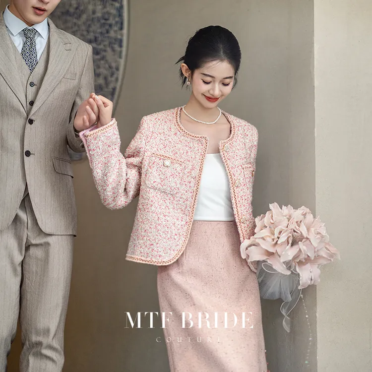 满庭芳【莉莉丝】粉色小香风套装裙秋冬两件套订婚礼服女