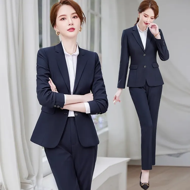 藏青色正装女职场大学生面试弹力西装套装职业气质酒店前台工作服