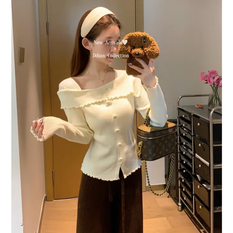 韩系一字领纽扣木耳边毛针织衫女装女春夏季内搭打底衫毛衣睡衣