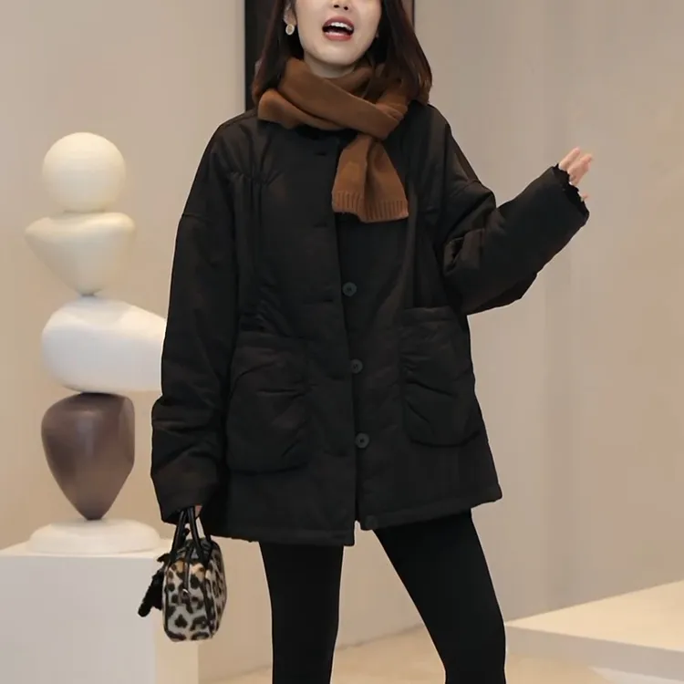韩版时尚压褶设计中长款保暖外套女秋冬新款洋气遮肉百搭圆领棉衣