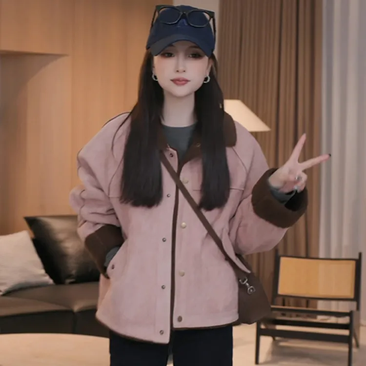 时尚洋气减龄Polo领皮毛一体加绒外套冬季高级感单排扣开衫皮夹克