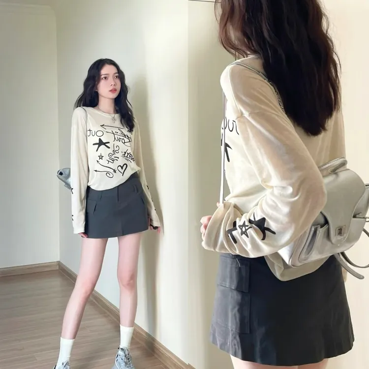 白色印花冰丝防晒长袖t恤女夏季薄款垂感宽松外搭空调罩衫上衣夏