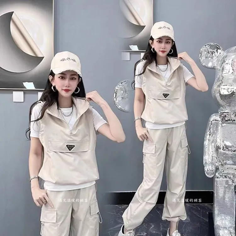 夏季新款韩版户外运动宽松连帽马甲休闲大兜工装裤短袖三件套女