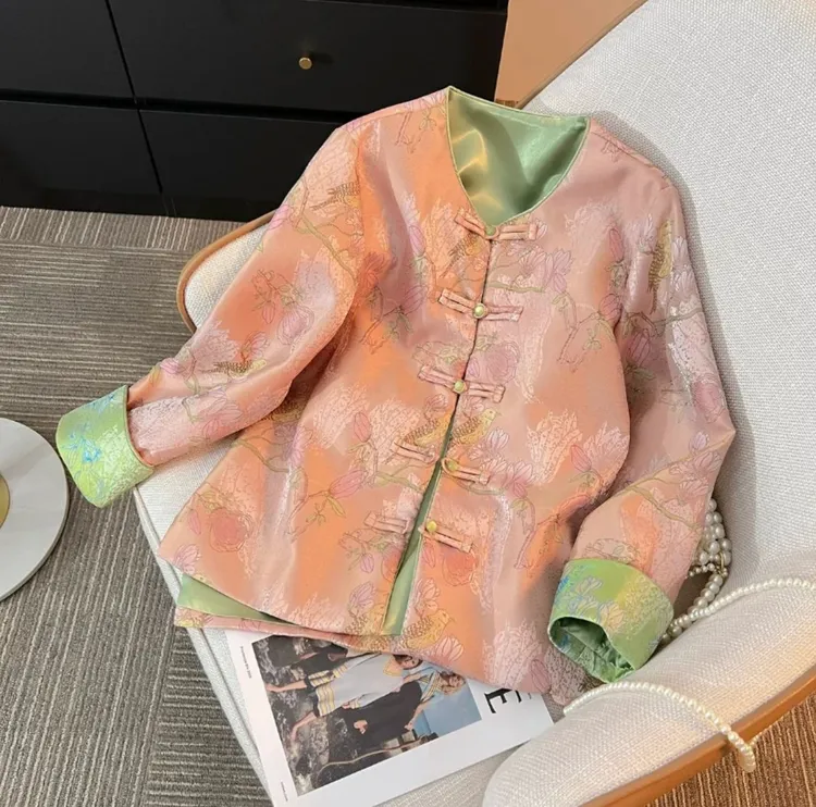 新中式国风春款重工刺绣提花休闲时尚百搭上衣复古盘扣气质外套女