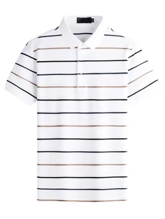 【丝光棉】短袖夏季都市简约白色条纹POLO衫休闲舒适百搭翻领上衣