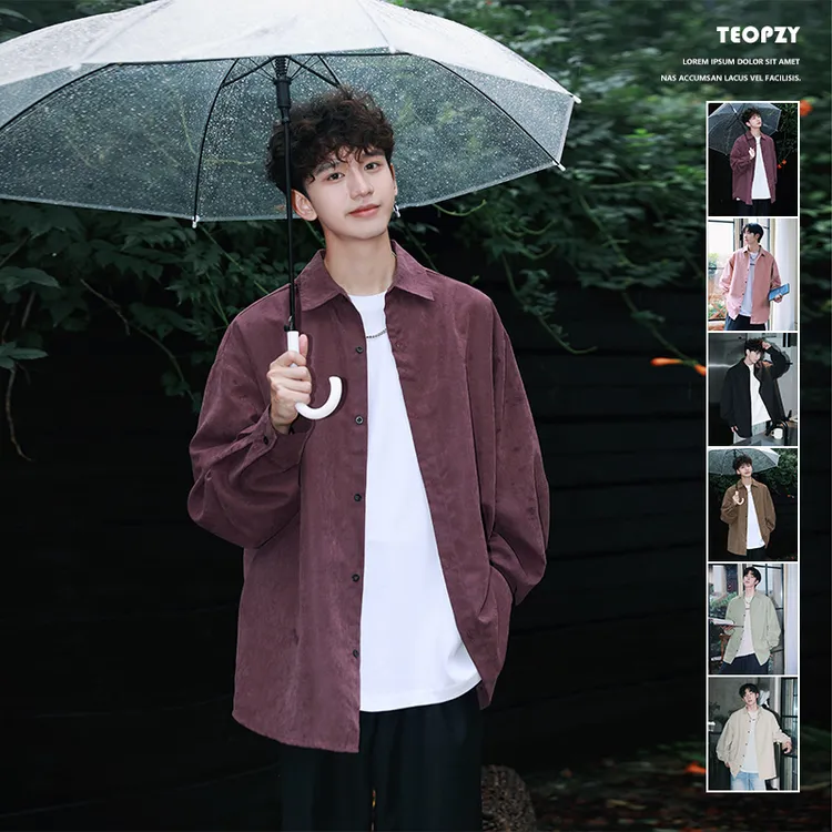 紫色长袖衬衫男款春秋季新款宽松青少年cityboy情侣衬衣翻领外套