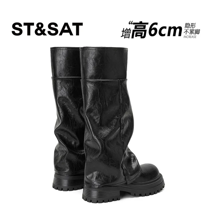 星期六软皮圆头厚底中筒靴甜酷风辣妹骑士靴西部靴裤管靴2024新款