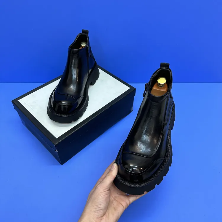 真皮切尔西靴时尚休闲黑色厚底秋冬圆头百搭男鞋冬季短靴加绒男靴