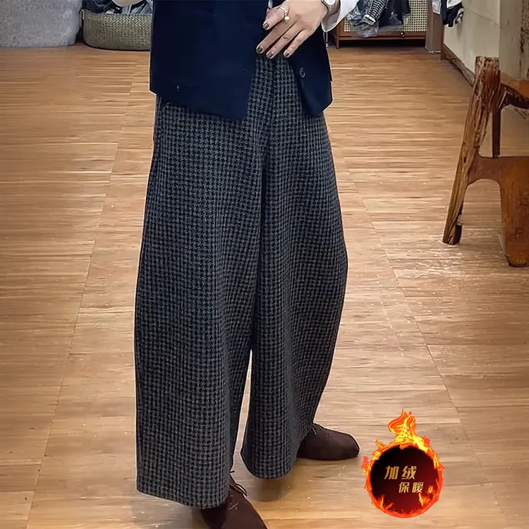 法式复古高腰直筒阔腿毛呢加绒加厚休闲裤子女冬季新款宽松九分裤