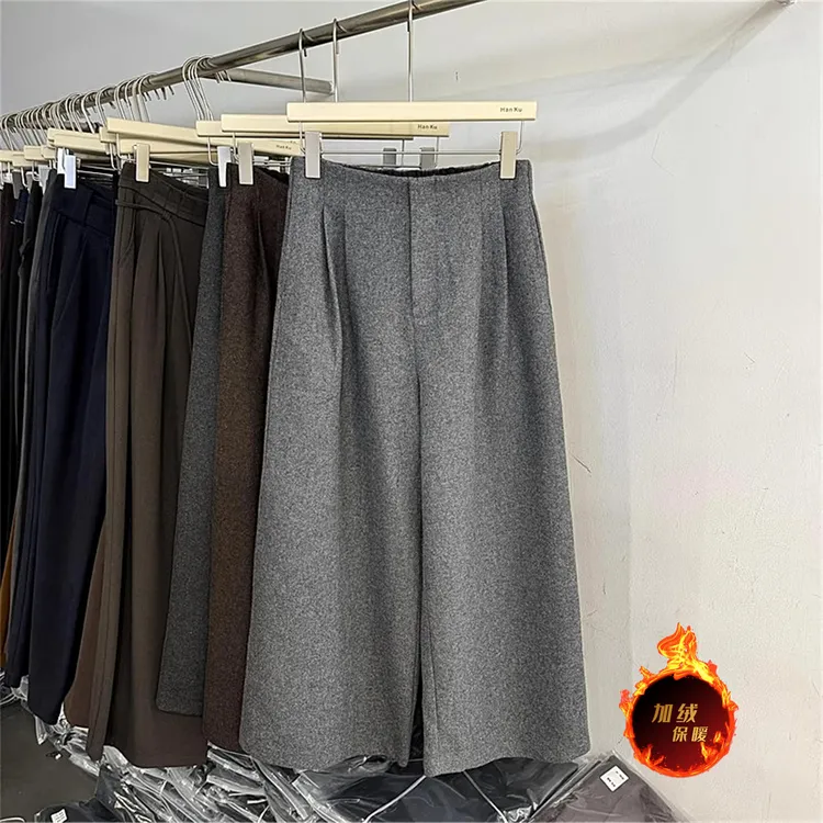 复古高级感羊毛呢休闲裤女2024秋冬新款高腰百搭宽松九分阔腿裤子