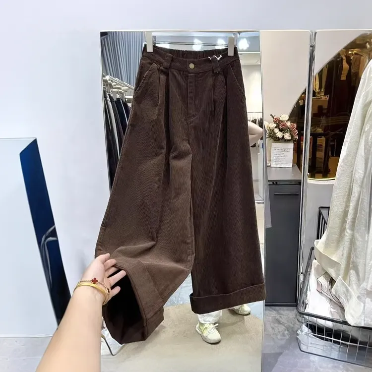 韩系卷边灯芯绒阔腿裤女秋冬高腰宽松直筒裤小个子休闲条绒九分裤