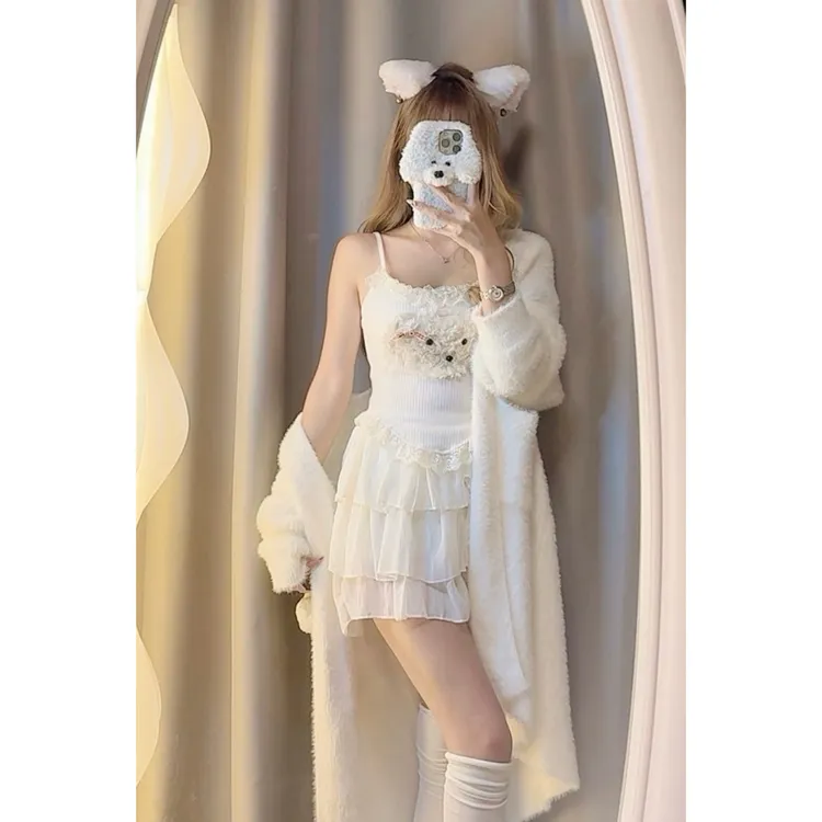 秋冬春季优质纯欲风甜妹公仔连帽口袋毛衣外套胸垫美背短裙套装裙