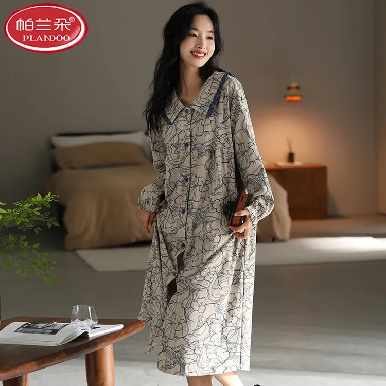 帕兰朵睡裙女款长袖对襟翻领2025秋冬100%纯棉休闲宽松舒适家居裙