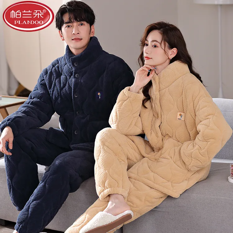 帕兰朵情侣睡衣冬季珊瑚绒夹棉三层加厚男士立领家居服女冬天新款