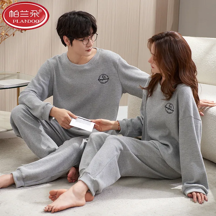 帕兰朵睡衣情侣套装2025秋季纯棉男士休闲宽松家居服女士简约舒适