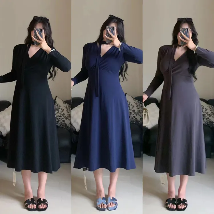 现货慧芝huizhi 伦敦日记 定制款 v领弹力遮肉正肩收腰显瘦连衣裙