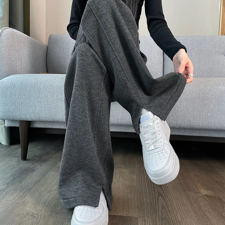人字纹毛呢开叉香蕉阔腿裤女加绒加厚长裤秋冬季九分大码直筒宽松