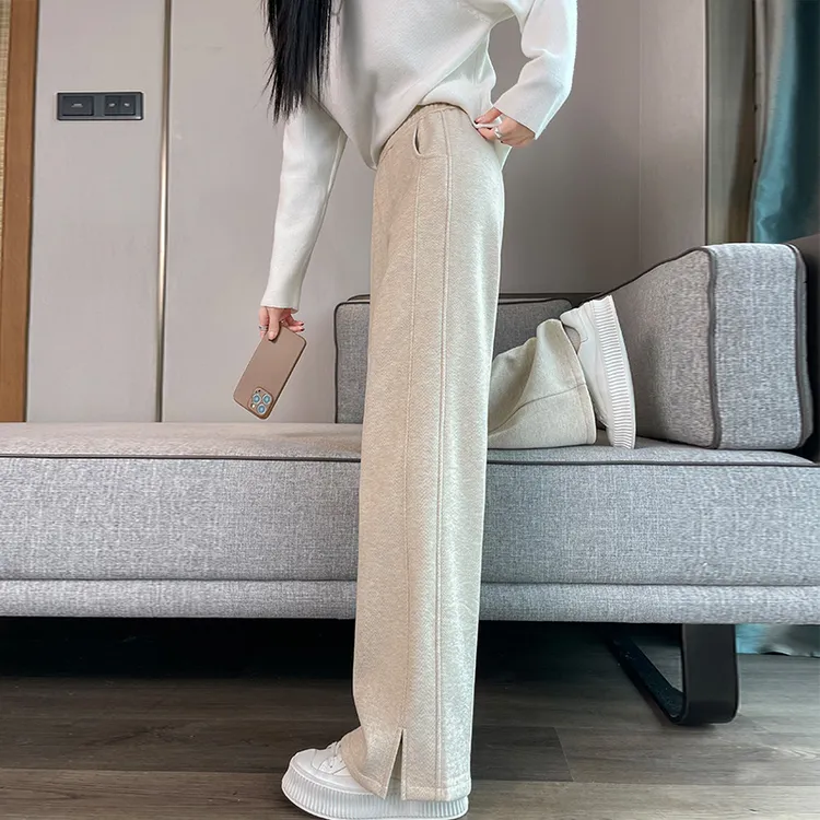加绒加厚人字纹毛呢开叉香蕉阔腿裤女秋冬季九分大码直筒休闲裤女