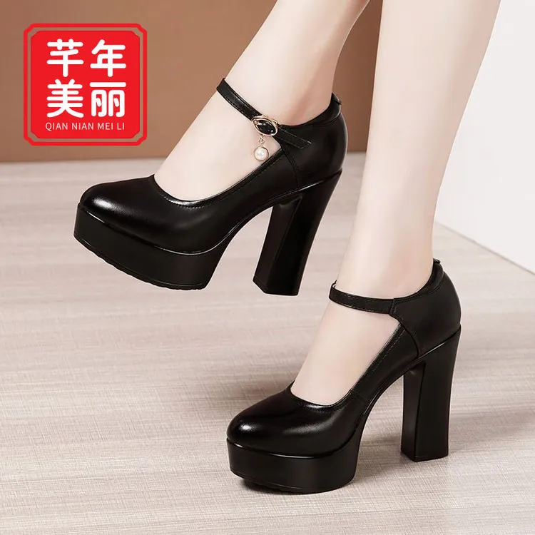 防滑高跟走秀高跟鞋女粗跟真皮厚底防水台圆头大码旗袍秀专用鞋