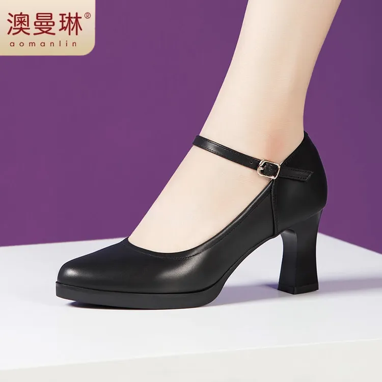 软牛皮旗袍模特演出专用走秀高跟鞋圆头真皮防水台粗跟职业鞋女