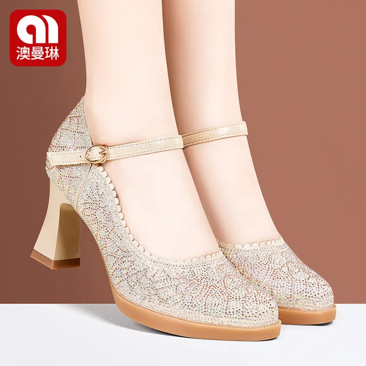 澳曼琳旗袍走秀高跟鞋丈母娘一字扣金色婚鞋婚宴舒适软底百搭婆婆