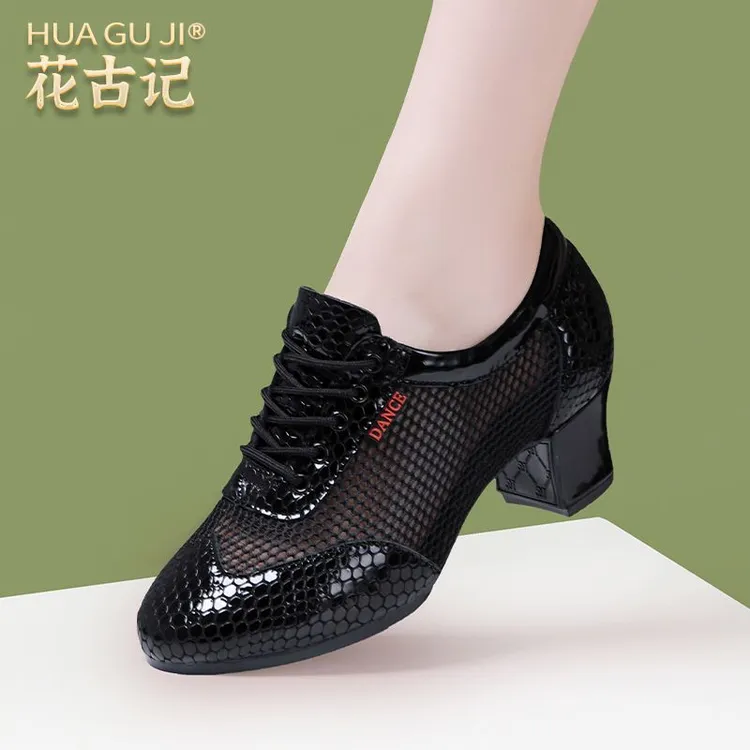 真皮舞蹈女鞋中跟网面透气广场舞交谊舞鞋粗跟软底教师鞋摩登舞鞋