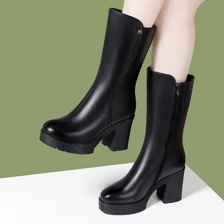 真皮长靴女粗跟厚底时尚百搭马丁靴2025新款秋冬加绒保暖中筒靴子